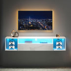 SogesHome 55'' Floating TV Stand with LED Lights, Wall Mounted Entertainment Center with 3 Storage Shelves, Modern Media Console Cabinet for Living Room and Bedroom, White