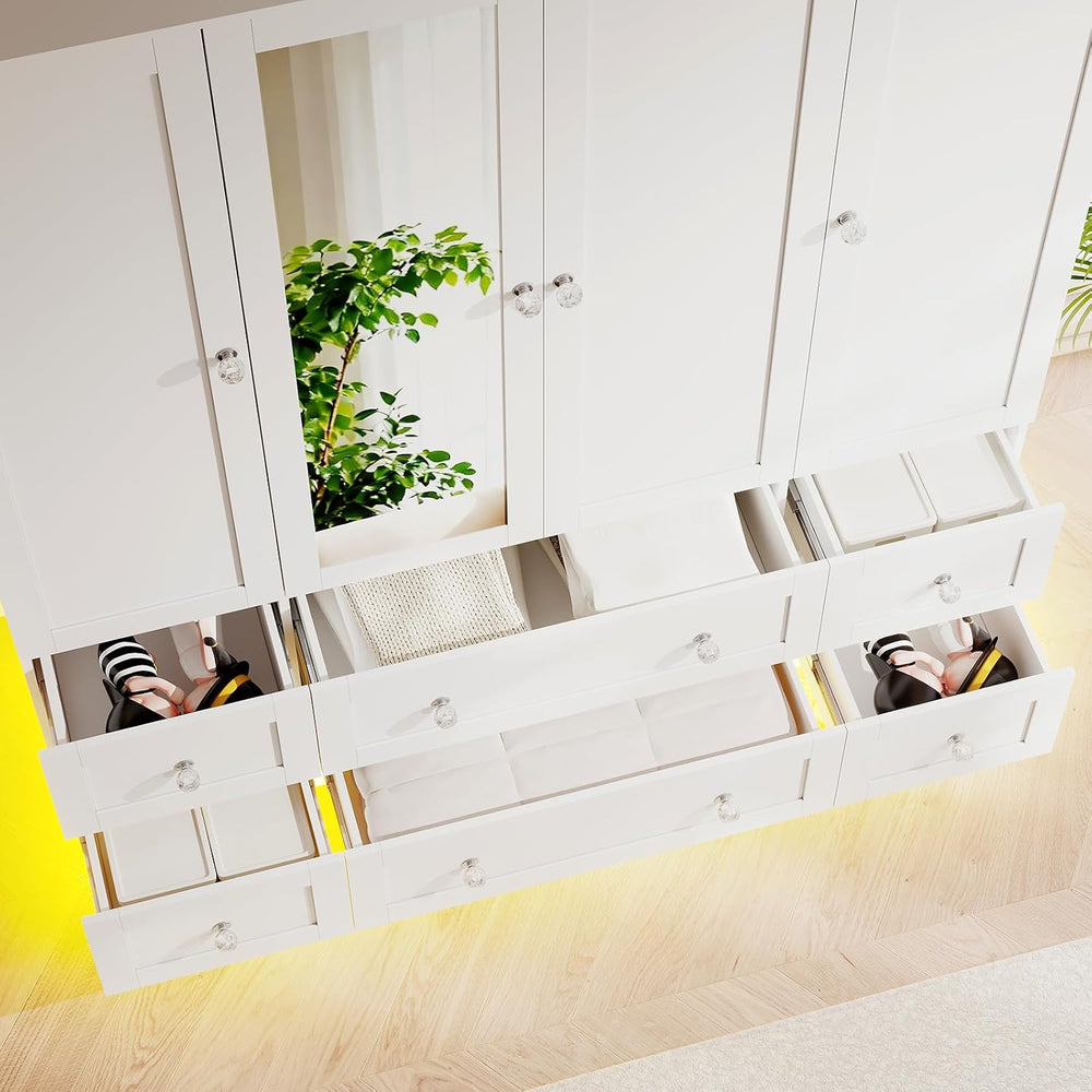 VOWNER Wardrobe Closet with 4 Doors Bedroom Armoire with Mirror & 6 Drawers