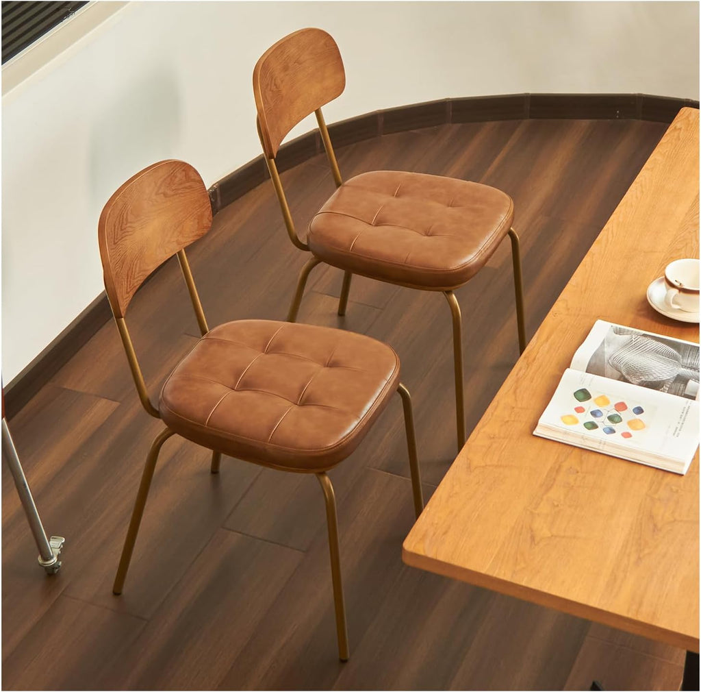 Mid Century Modern Dining Chairs Set of 2, Retro Chair with Faux Leather Upholstered Seat & Solid Wood Backrests & Vintage Distressing Metal Legs & Leg Protectors for Kitchen Dining Room (Brown)