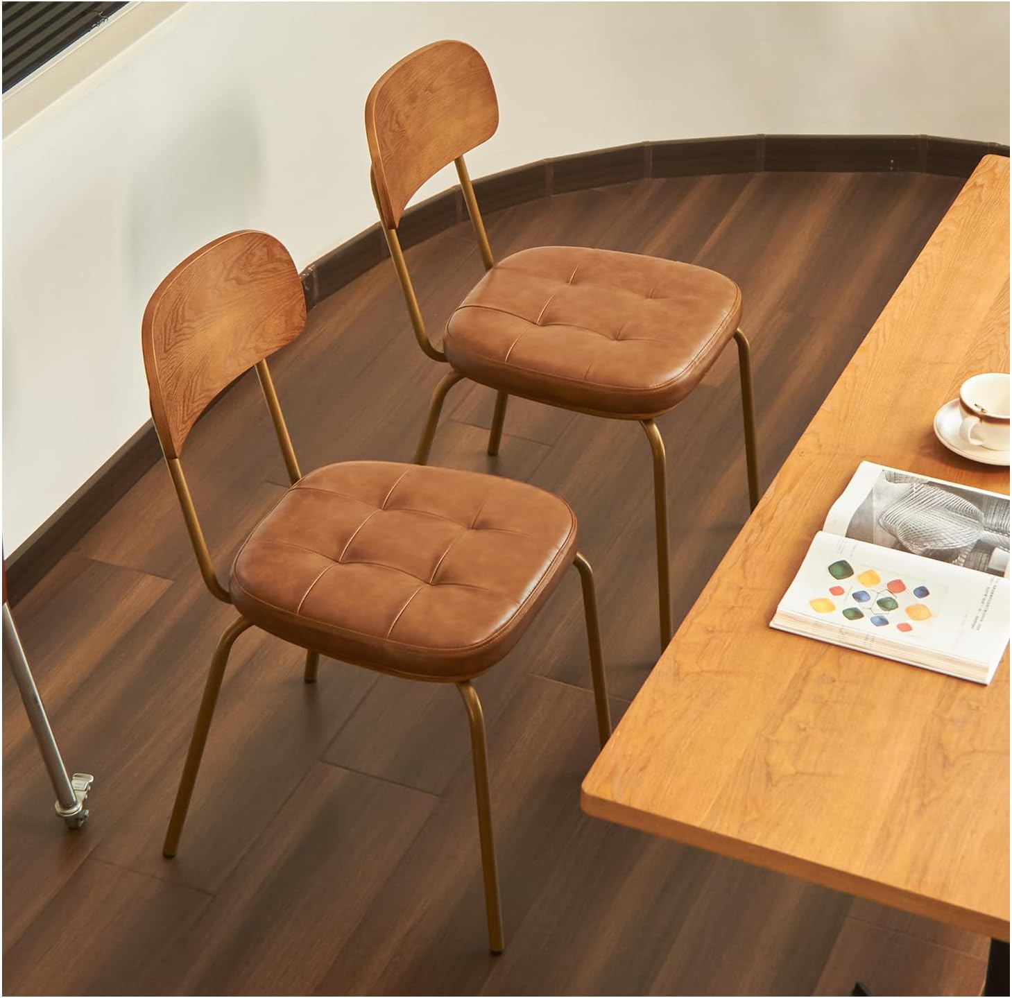 Mid Century Modern Dining Chairs Set of 2, Retro Chair with Faux Leather Upholstered Seat & Solid Wood Backrests & Vintage Distressing Metal Legs & Leg Protectors for Kitchen Dining Room (Brown)