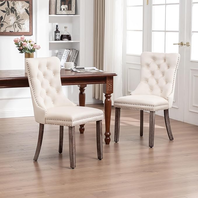 Velvet Dining Chairs Set of 2,Upholstered Dining Chairs with Ring Pull Trim and Button Back,Modern Seating for Kitchen, Bedroom & Living Room(Beige)