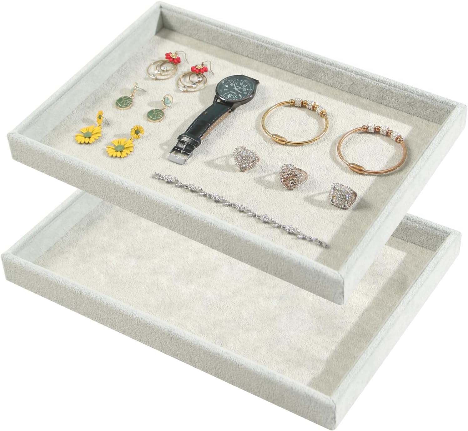 2pcs/Set Velvet Jewelry Tray, Grids Large Storage Tray for Bracelet Bangle Beads Display, Jewellery Organizer Box Tray for Home Drawer or Shop Store Selling Show (Grey Velvet)