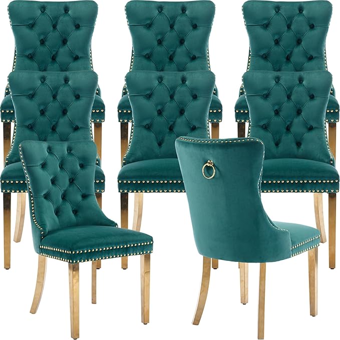 Mid Century Modern Dining Chairs Set of 8, Green Velvet Upholstered Tufted Back, Kitchen & Dining Room Chairs, Gold Metal Legs, Nailhead Trim, Sillas para Comedor (Green, 8 Pcs)