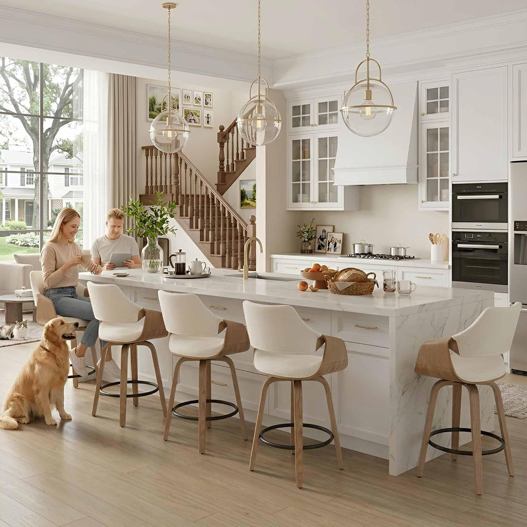 26'' Modern Barrel Swivel Counter Stools Counter Height Swivel Bar Stools with Backs Set of 4, Beige Linen Upholstered Bar Height stools, Farmhouse Solid Wood Barstools for Kitchen Island, Home Bar