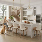 26'' Modern Barrel Swivel Counter Stools Counter Height Swivel Bar Stools with Backs Set of 4, Beige Linen Upholstered Bar Height stools, Farmhouse Solid Wood Barstools for Kitchen Island, Home Bar