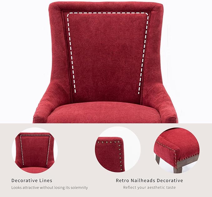 Burgundy Dining Chairs Set of 8, Kitchen & Dining Room Chairs, Fabric Upholstered Dinning Chairs, Sillas De Comedor, Nailhead Trim, Wood Legs (Red, 8 Pcs)