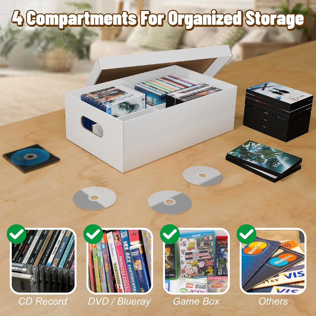 NUMINA 3 Pack CD Storage Boxes, Holds 240 CDs Total (80 Each) with Lift-Off Lid, Heavy Duty Cardboard CD Organizer with 4 Sections for Jewel Cases, CD Collection & Media Storage