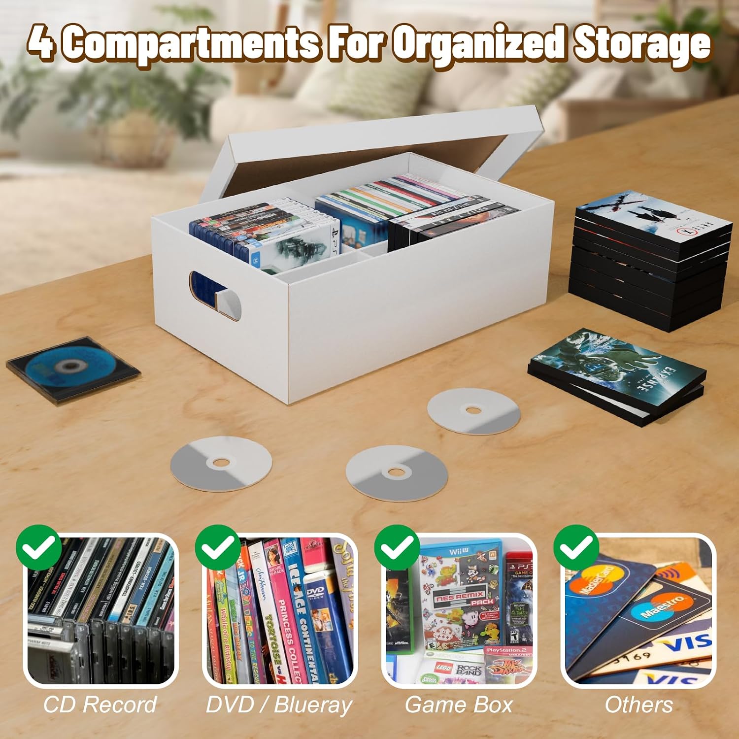 NUMINA 3 Pack CD Storage Boxes, Holds 240 CDs Total (80 Each) with Lift-Off Lid, Heavy Duty Cardboard CD Organizer with 4 Sections for Jewel Cases, CD Collection & Media Storage