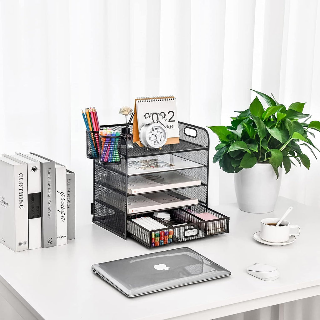 Lavatino 5 Tier Paper Organizer for Desk, Letter Tray with Drawer and 2 Pen Holders, Mesh File Sorter, Desktop Document Shelf Storage Organization Office School Home Black With Drawer