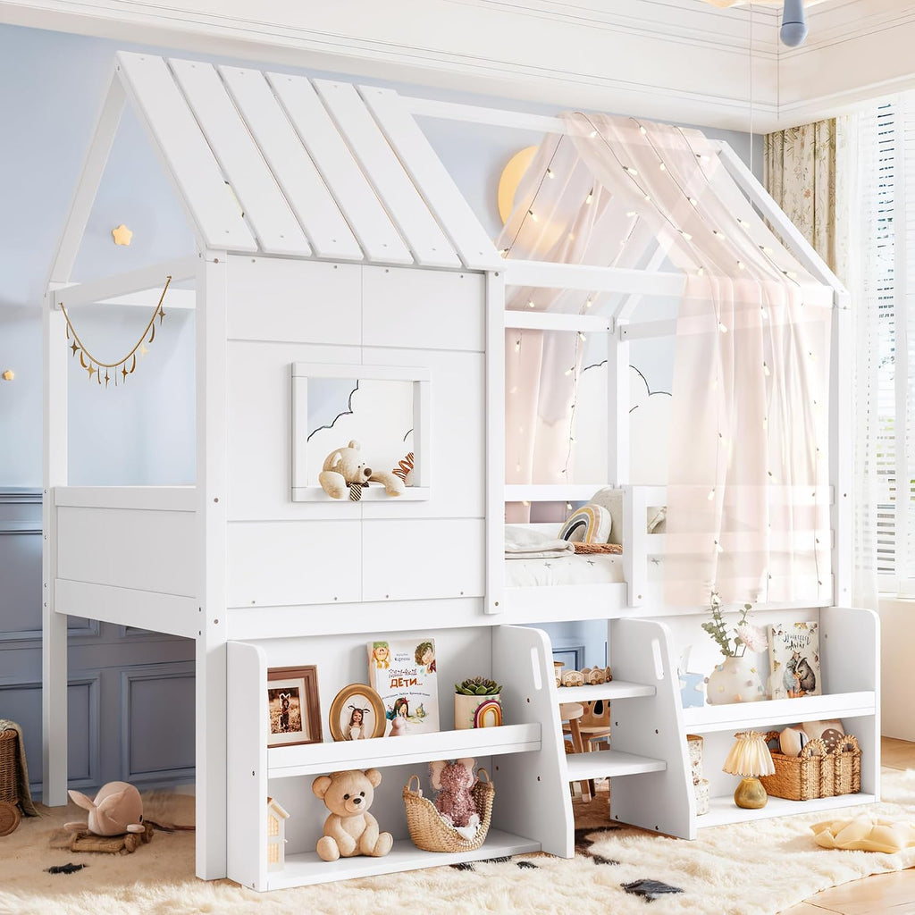 Loft Bed with Storage Shelves and Stairs，Antique White-P：Twin | House Loft Bed with Playhouse Shape Roof and Window