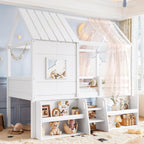 Loft Bed with Storage Shelves and Stairs，Antique White-P：Twin | House Loft Bed with Playhouse Shape Roof and Window