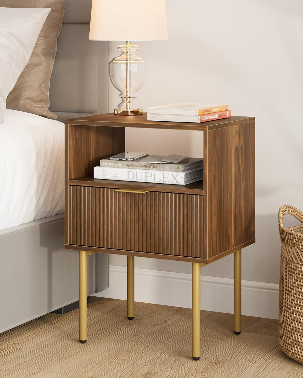 Masupu Night Stand,Mid-Century Modern Bedside Table with Storage Drawer and O...