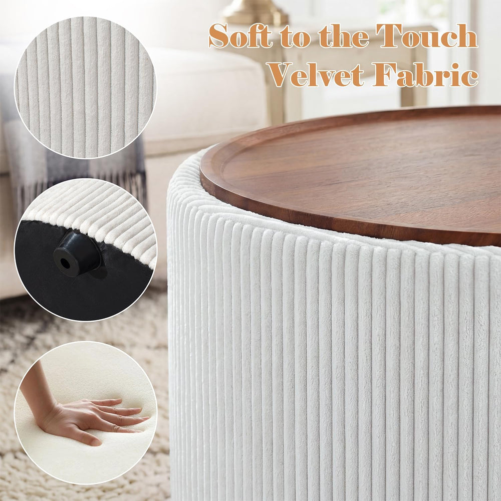 28” Round Storage Ottoman, Ottoman Coffee Table with Tray, Corduroy | Modern ...