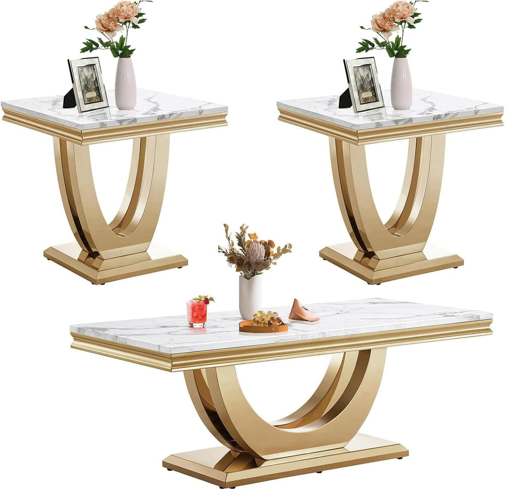 3 Piece Living Room Table Set, Modern Faux Marble Coffee Table and 2 End Tabl...