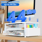 AUPSEN White Monitor Stand Riser, 2-Tier Wood Computer Desk Organizer with Drawer, Pen Storage & Phone Holder, Office Desk Accessories Desktop Organizer for Office Supplies