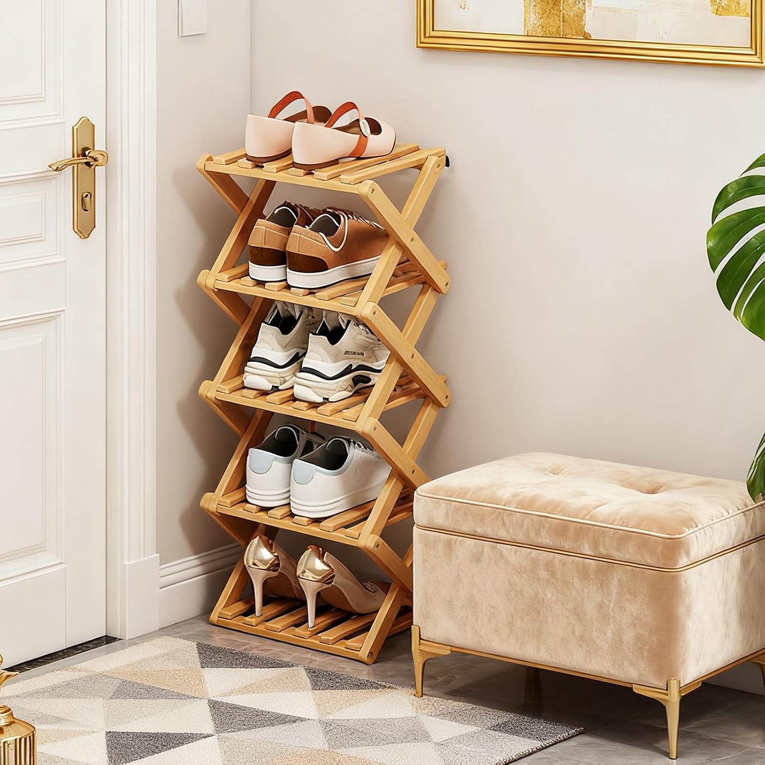 Bamboo Shoe Rack, Portable Folding Storage, No Installation, 5 Tier Stand | Free Standing, Space Saving Design, Easy To Move, Ideal For Entryway, Closet, Dorm