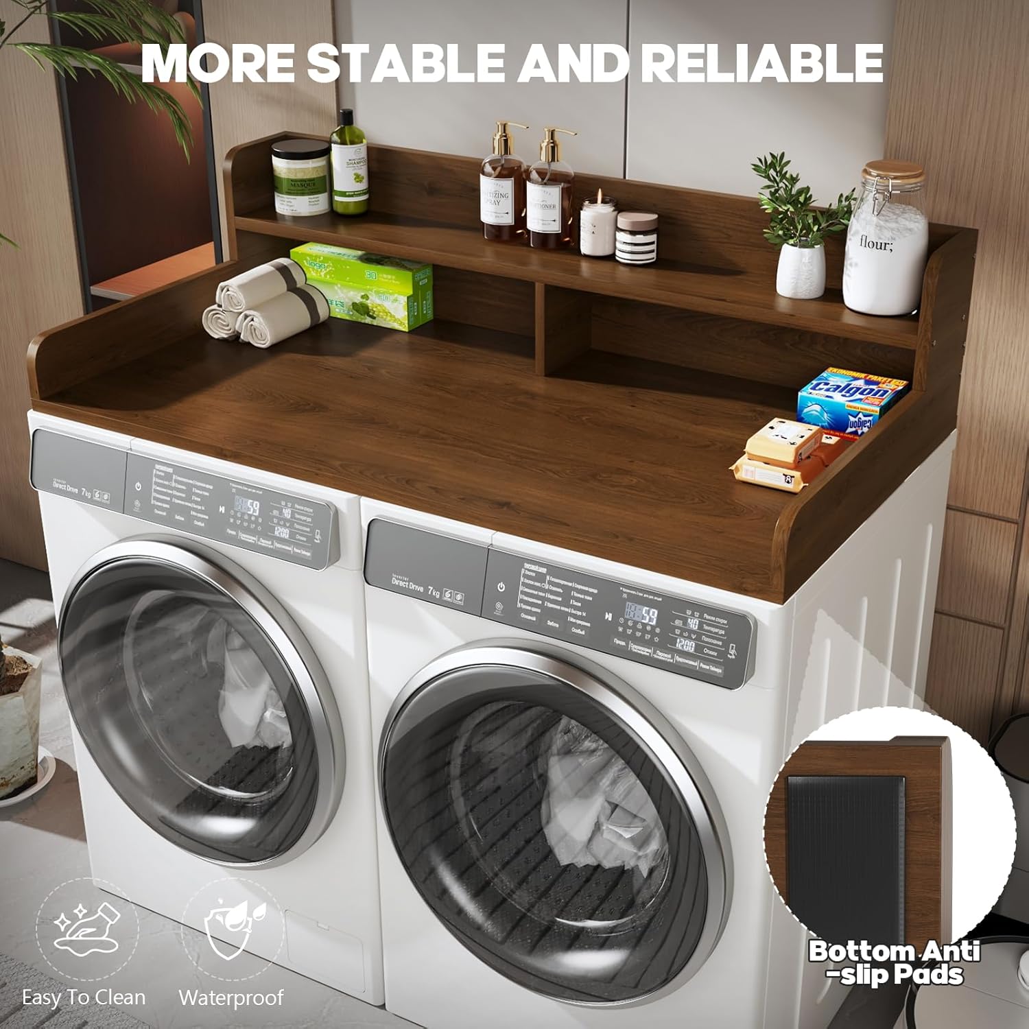 2-Tier Washer and Dryer Countertop with 2.75" H Guard,54" W x 27.5" D Laundry Countertop Cover with Non-Slip Pad,Large Space Laundry Topper for Folding Clothes Over Washer and Dryer-Brown