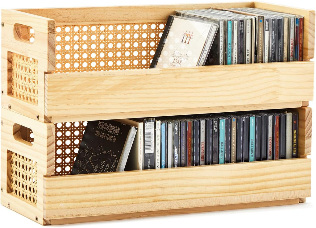 CroBlissful 2 Set Wooden CD Storage Box Holder Shelf with Carrying Handles, Rattan Design Cassette Tape Display Racks Organizer Shelf for Movie Cases, DVDs, Each Set Can Store up to 36 Pcs CDs