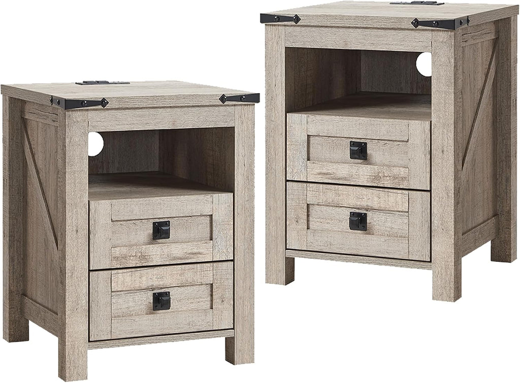 T4TREAM 18" Nightstand Set of 2 with Charging Station, Light Rustic Oak | Farmhouse, Rustic End Table, Open Shelf, 2 Drawers, Living Room, Side Table, Wood Bedside Table, Unique Corner Accent