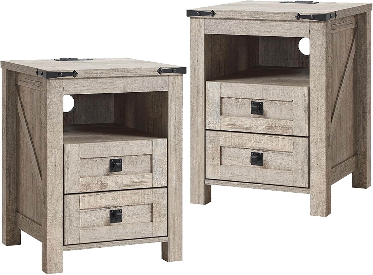 T4TREAM 18" Nightstand Set of 2 with Charging Station, Light Rustic Oak | Farmhouse, Rustic End Table, Open Shelf, 2 Drawers, Living Room, Side Table, Wood Bedside Table, Unique Corner Accent