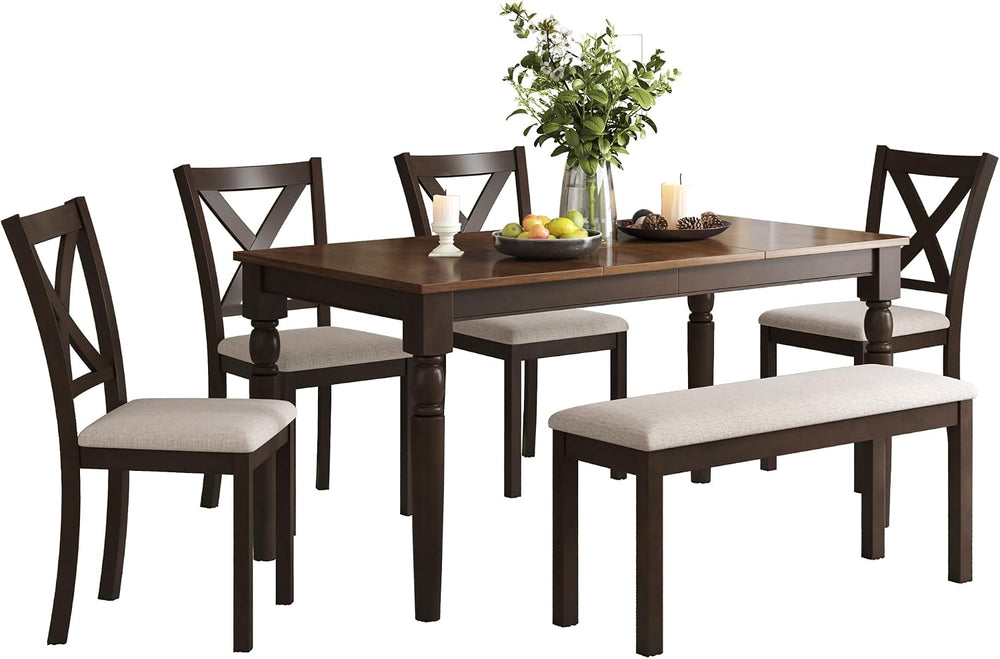 AMERLIFE 6-Piece Farmhouse Dining Table Set for 6-7, 60" Solid Wood Kitc...