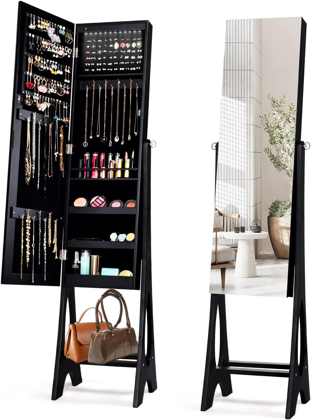COSTWAY 12 LED Mirror Jewelry Cabinet, Freestanding Jewelry Storage Organizer w/Full Length Mirror, Large Capacity Jewelry Armoire w/Bottom Shelf, Mirror with Jewelry Storage for Women Girls (Black)
