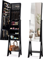 COSTWAY 12 LED Mirror Jewelry Cabinet, Freestanding Jewelry Storage Organizer w/Full Length Mirror, Large Capacity Jewelry Armoire w/Bottom Shelf, Mirror with Jewelry Storage for Women Girls (Black)