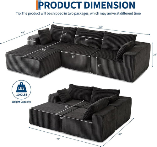 108" Modular Sectional Sofa Couches for Living Room Cloud Memory Boneless Couch No Assembly Required