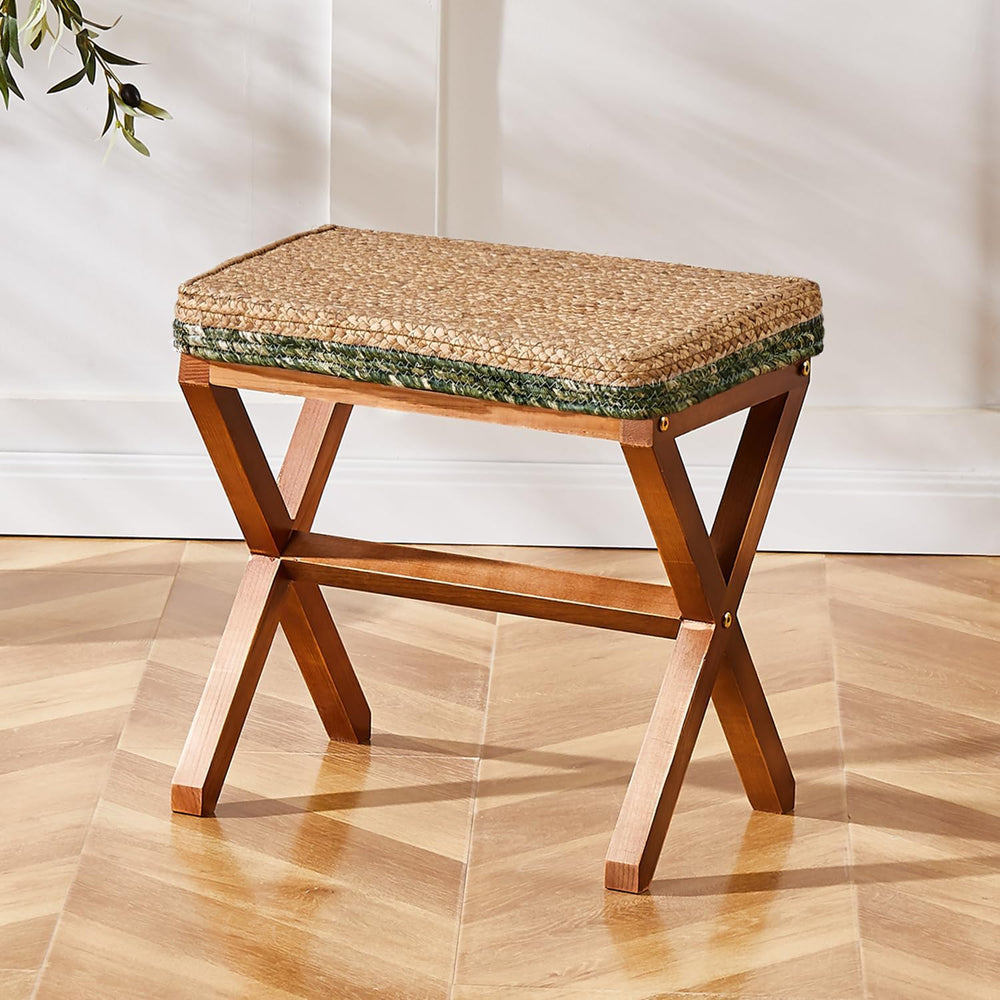 Natural Seagrass Ottoman Footstool with Solid Wood Legs – Handwoven Rectangul...