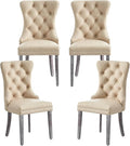 Kiztir Leather Dining Chairs Set of 4, Upholstered Dining Chair with Nailhead Trim and Solid Wood Legs, Luxury Wingback Dining Side Chair for Living Room, Bedroom, Kitchen (Beige)