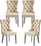 Kiztir Leather Dining Chairs Set of 4, Upholstered Dining Chair with Nailhead Trim and Solid Wood Legs, Luxury Wingback Dining Side Chair for Living Room, Bedroom, Kitchen (Beige)