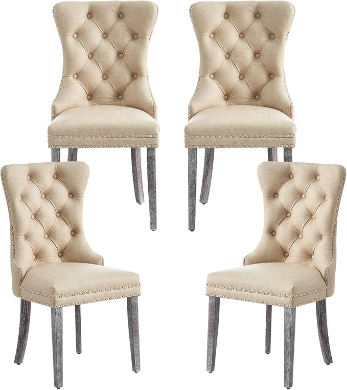 Kiztir Leather Dining Chairs Set of 4, Upholstered Dining Chair with Nailhead Trim and Solid Wood Legs, Luxury Wingback Dining Side Chair for Living Room, Bedroom, Kitchen (Beige)