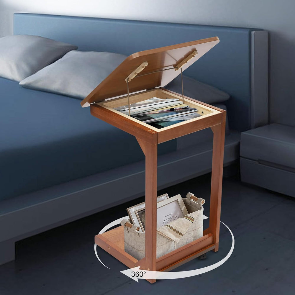 C-Shaped End Table, Couch Table with Adjustable Desktop, Small Rolling Side T...