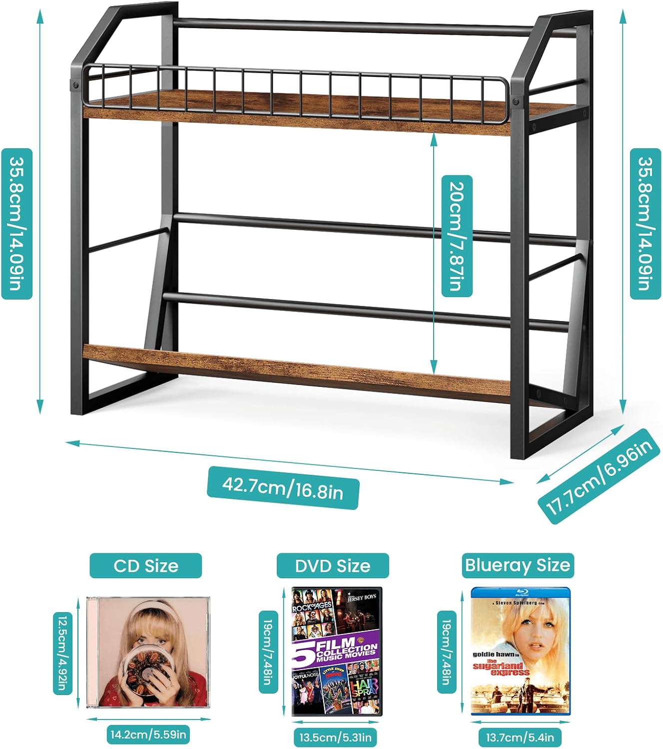 ELITEROO 2 Tier CD Holder, Wooden DVD Storage Rack, Tilting CD Organizer Tower for Display, CD Case Shelf Holds Up to Standard 80 CDs or 56 DVDs, Desktop DVD Stand for Music Enthusiasts, Rustic Brown