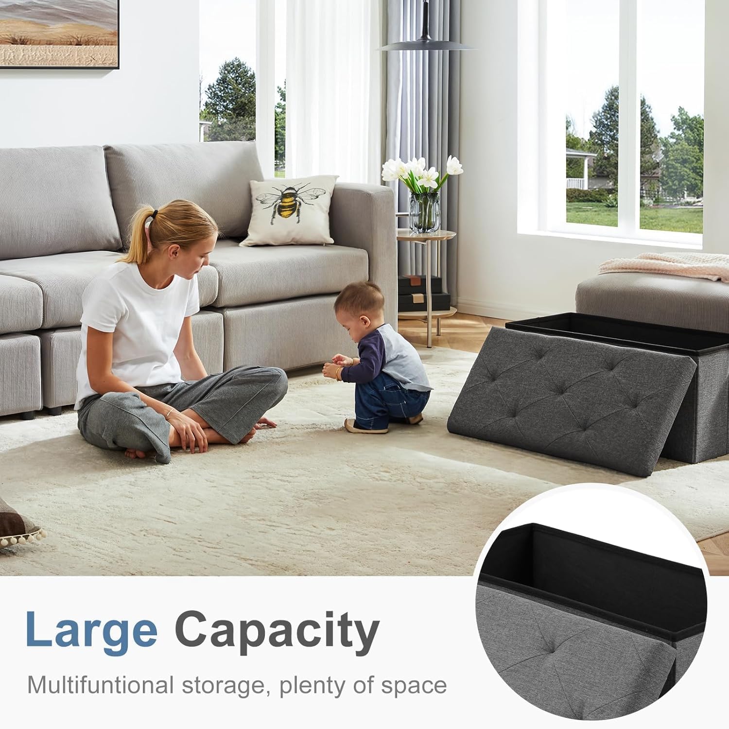 Sweetcrispy 30in Foldable Storage Ottoman Bench, End of Bed Foot Rest Stools Ottoman Storage Chest with Padded Seat for Bedroom, Living Room, Holds up to 660 lb, Modern Grey