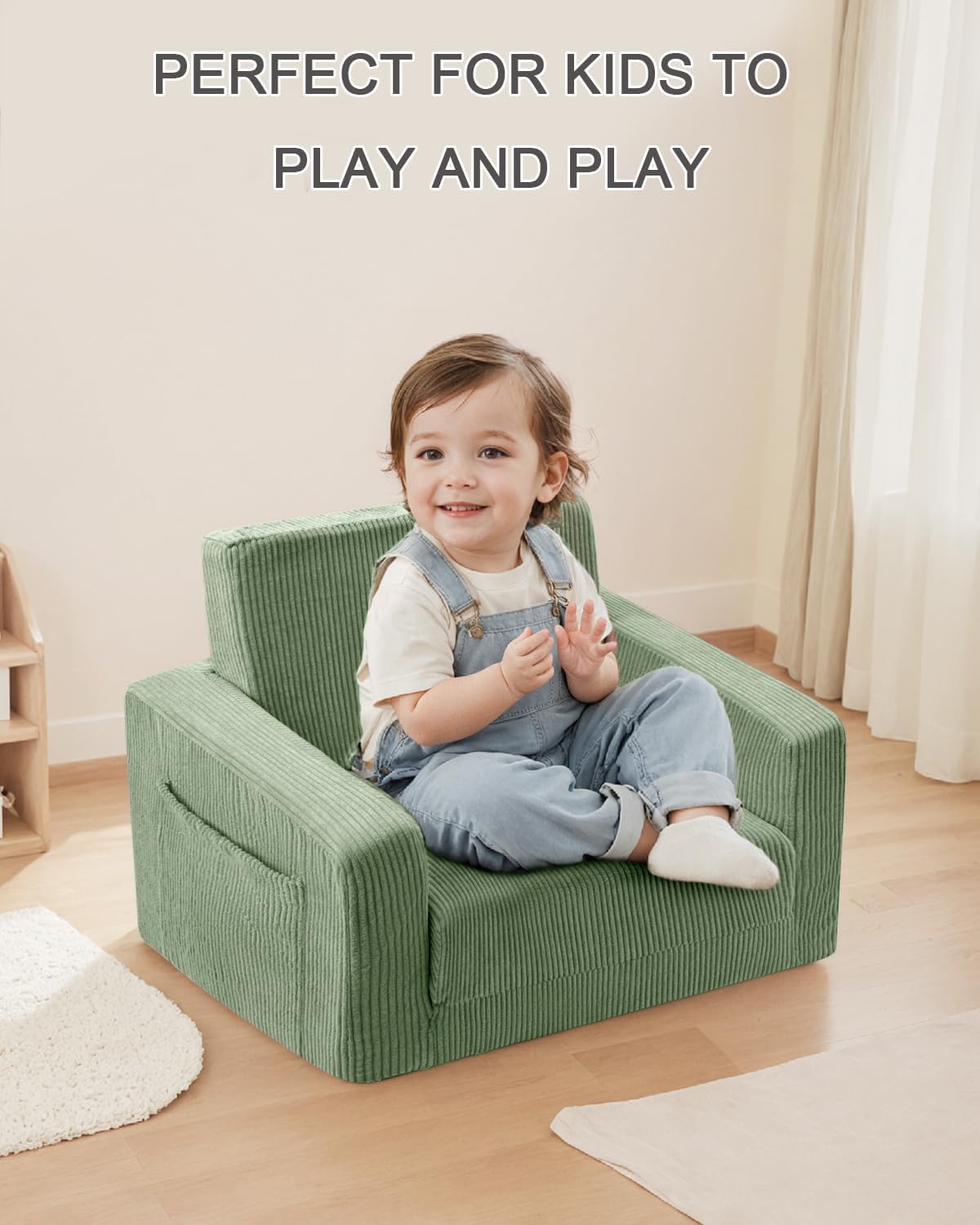 2-in-1 Kids Chair and Couch, Cozy Corduroy Kids Sofa, Green | Fold-Out Kids Couch, Boys and Girls, Bedroom & Playroom, Reading and Playing, Lightweight, Removable Washable Cover