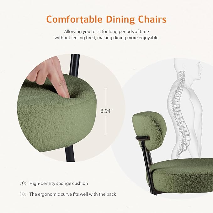DUMOS Dining Chairs Set of 6, Mid Century Modern Chair Round Upholstered Curved Backrest, Kitchen Vanity Living Room Chairs with Black Metal Legs, Green