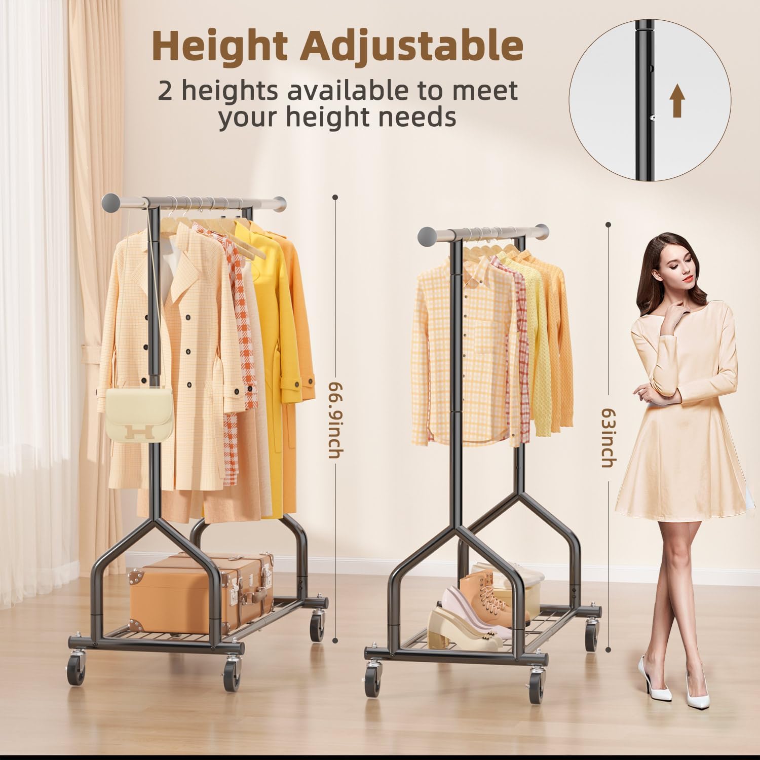 EAGMAK Heavy Duty Clothes Rack Load 424 LBS, Rolling Clothing Rack With Shelves, Adjustable Metal Clothes Hanger with Wheels, Portable Wardrobe Organizer Garment Rod for Hanging Clothes (Black)