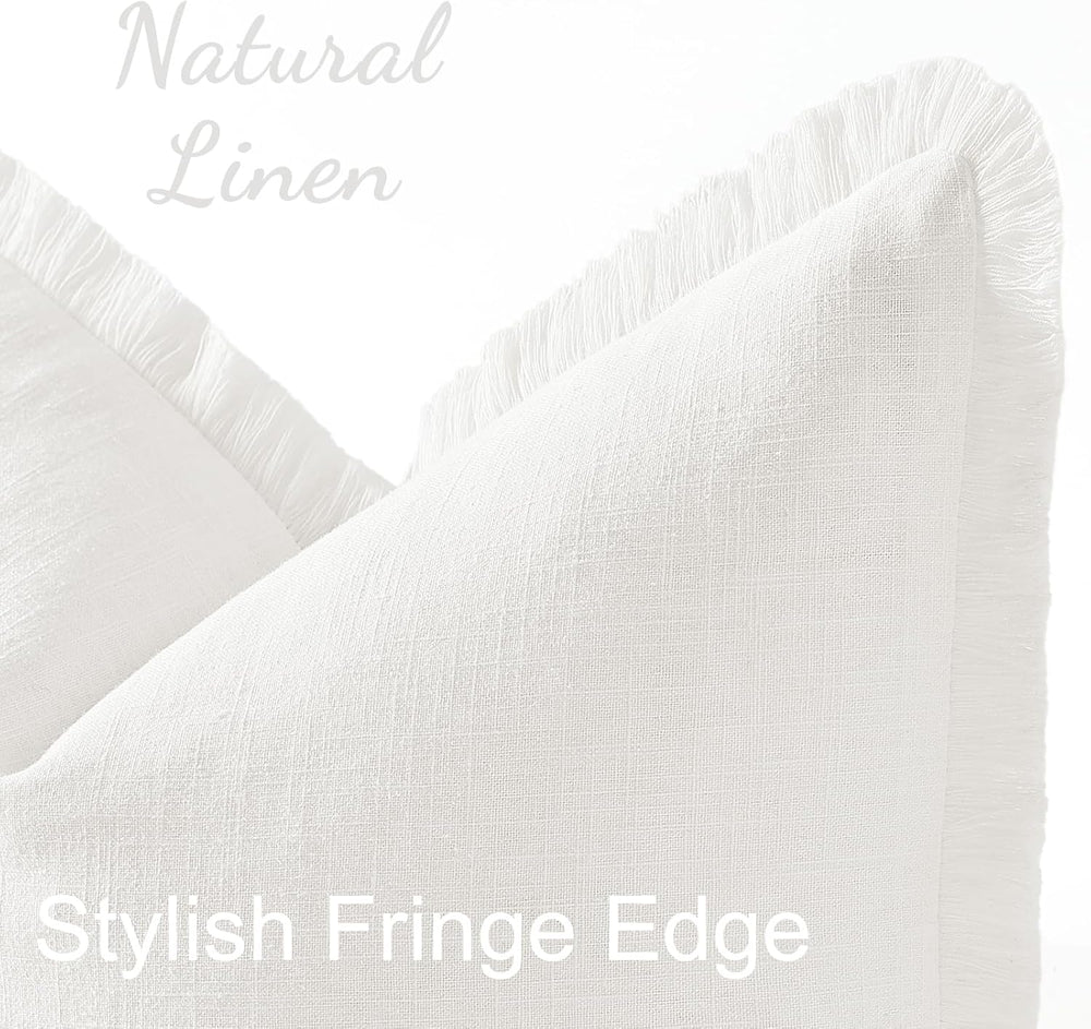 decorUhome Linen Fringe Cream White Throw Pillow Covers 24x24 Set of 2