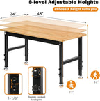 Betterhood 48" Heavy-Duty Adjustable Workbench for Garage, Rubber Wood Shop Table W/Rubber Pads, Hardwood Workstation Weight Capacity Over 2000 Lbs