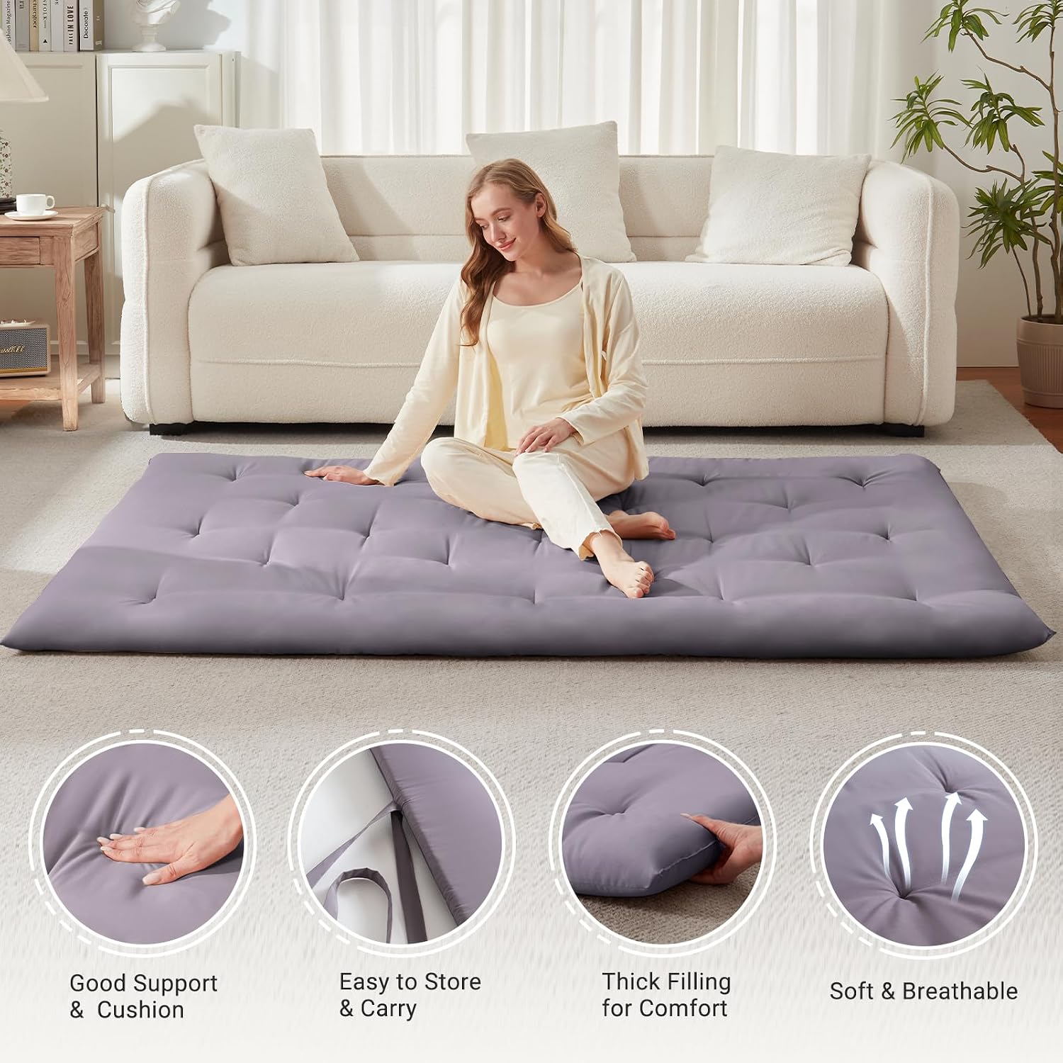 Mollydot Japanese Floor Mattress, Futon Mattress Twin Size 39"x 75", 2.5" Thicken Tatami Mattress, Portable Foldable Floor Bed, Roll Up Futon Cushion, Suitable for Camping Guest Room Dormitory (Grey)