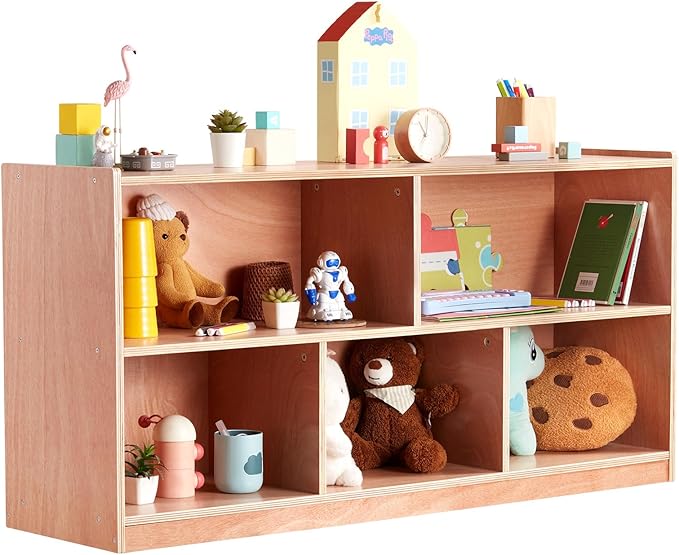 VEVOR Cubby Toy Organizer Storage Cabinet, 5-Compartment Cubby Storage Shelf, 48''W Kids Toy Storage Cabinet 2-Shelf, Classroom Cubbies, Classroom Furniture for Home, Daycare and Preschool, Natural