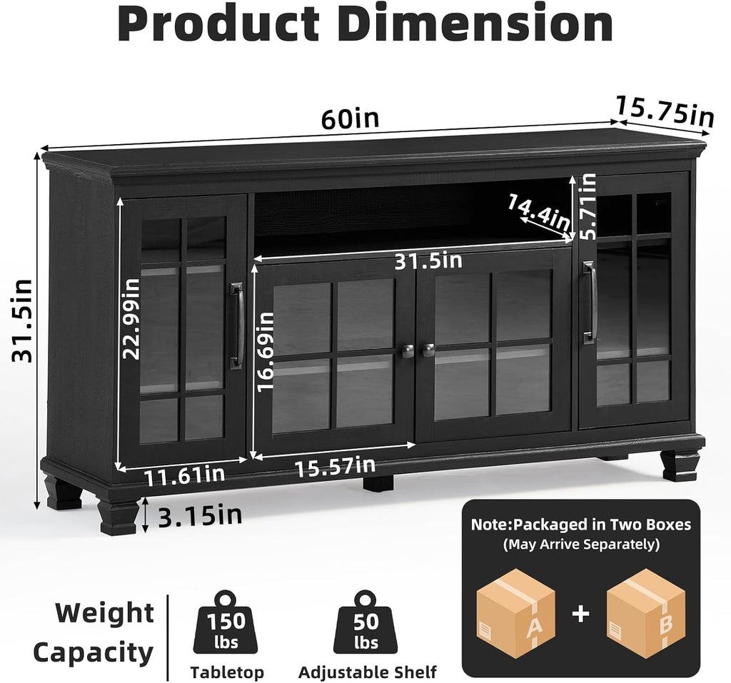 SAVOR LIFE 60-Inch Sideboard Buffet with Glass Doors, Black | 60-inch wood buffet with four glass doors, adjustable shelves and open storage for tableware, coffee bars and display