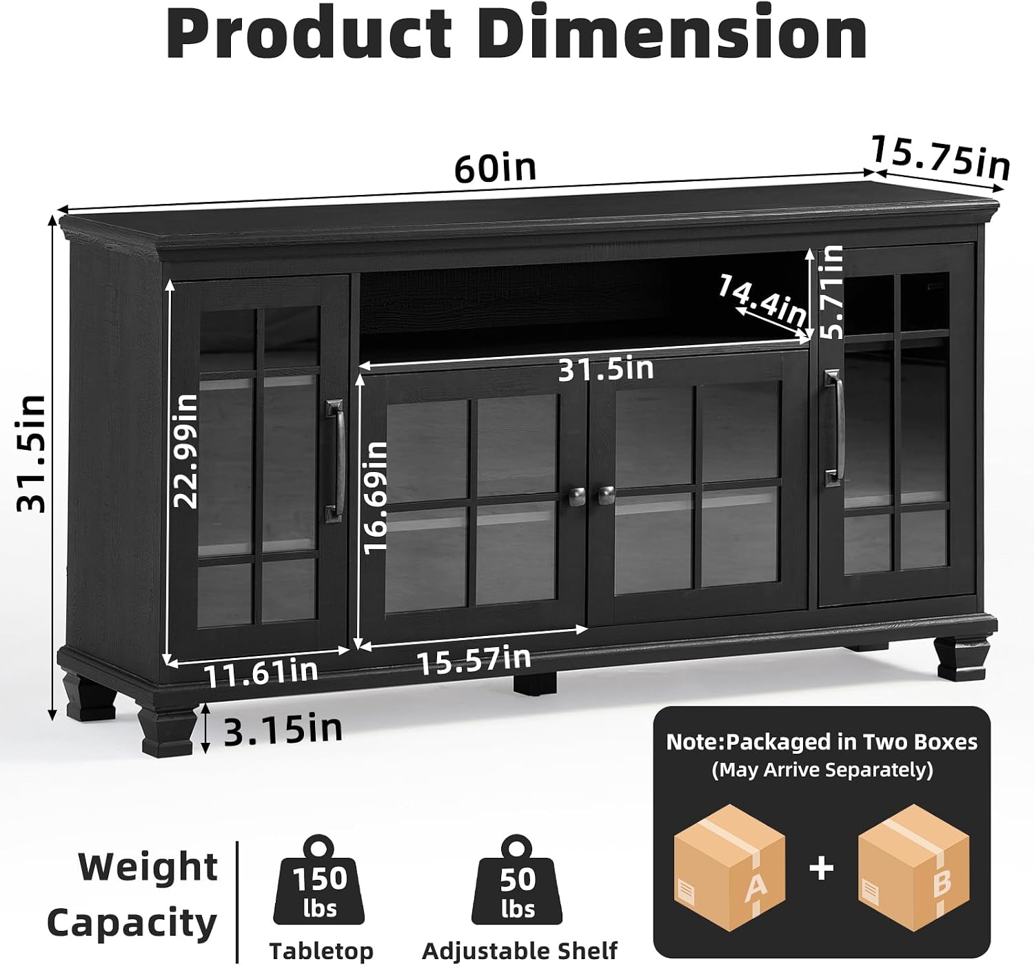 SAVOR LIFE 60-Inch Sideboard Buffet with Glass Doors, Black | 60-inch wood buffet with four glass doors, adjustable shelves and open storage for tableware, coffee bars and display