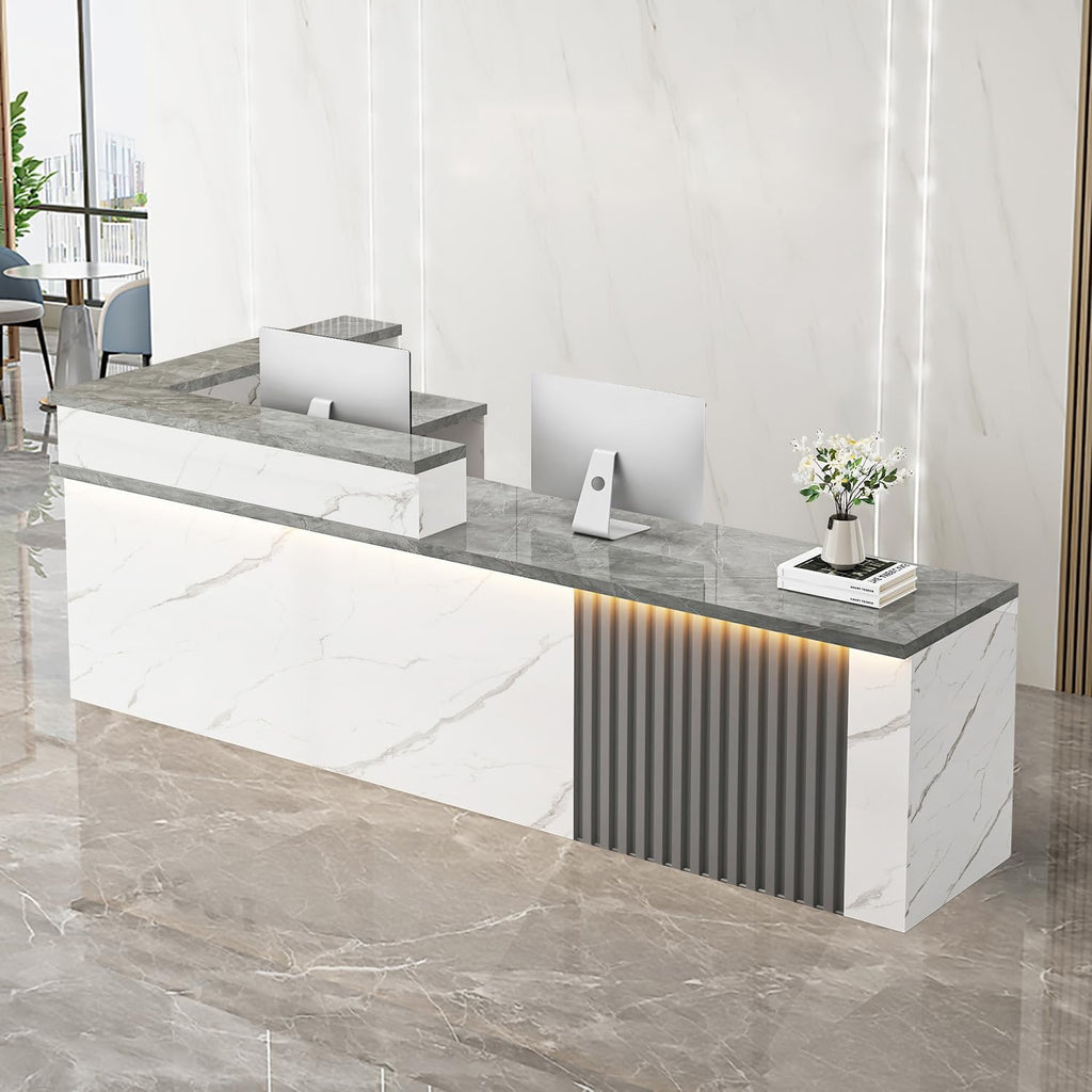 Receptionist Desk with LED Light，Wooden Salon Checkout Counter with Storage Drawer & Keyboard Tray Modern L-Shaped Reception Desk for Barbershop Office Company Store