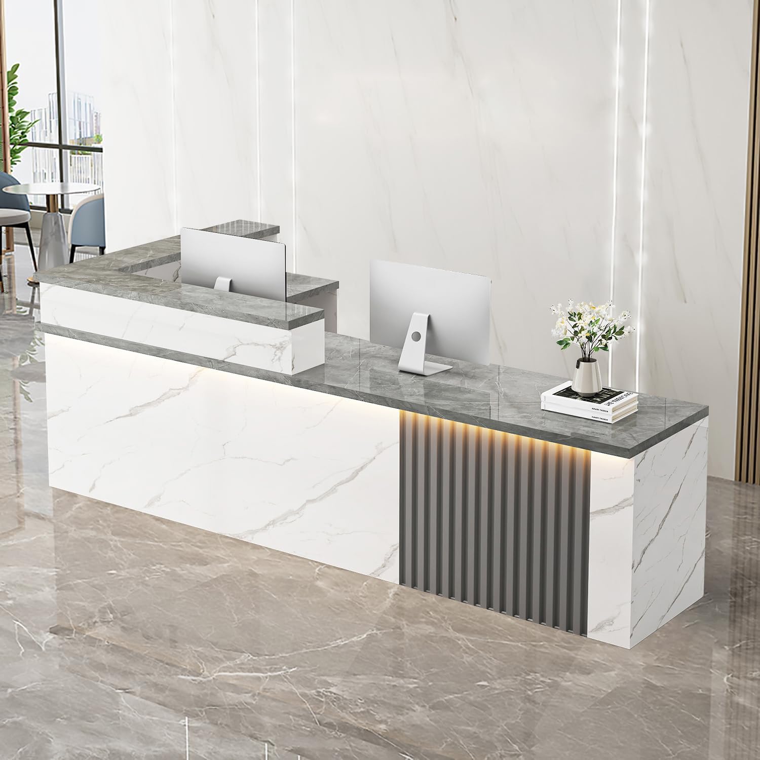 Receptionist Desk with LED Light，Wooden Salon Checkout Counter with Storage Drawer & Keyboard Tray Modern L-Shaped Reception Desk for Barbershop Office Company Store