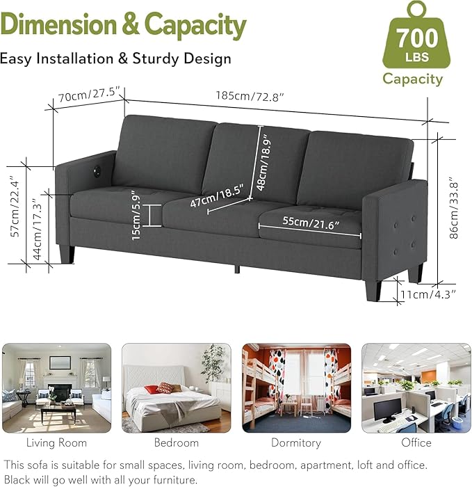 STHOUYN 73" W 3 Seater Sofa Couch with USB Ports, Grey Comfy Couches for Small Spaces, Mid Century Modern Couch Loveseat for Living Room, Apartment, Bedroom (Dark Grey)