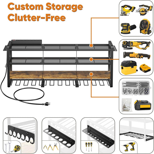 49.5" W Large Power Tool Organizer with Charging Station, 4 Layer Heavy Duty Utility Rack Loads 800lbs, Holds 8 Cordless Drills, Wall Mount Tool Shelf with 8-Outlet Power Strip, Gift for Men