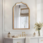 Gold Arch Mirror, 24"x36" Arched Vanity Mirrors for Bathroom, Metal Beaded Frame Ornate Decorative Mirror, Scalloped Vintage Mirrors for Fireplace Bedroom Living Room Hallway Entryway