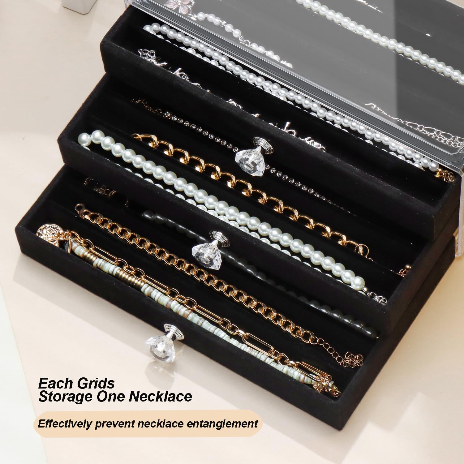SPAKOWN Necklace Organizer Box, Velvet Necklace Box Holder Tray with Clear Lid Chains Showcase Stackable Necklace Storage for Pendant Bracelet (3 Drawers - Black)